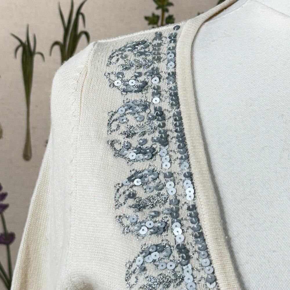 Y2k Silk Cashmere Embroidered Sequin Tie Front Cardigan Coquette Dolly Fairy S - Picture 4 of 9